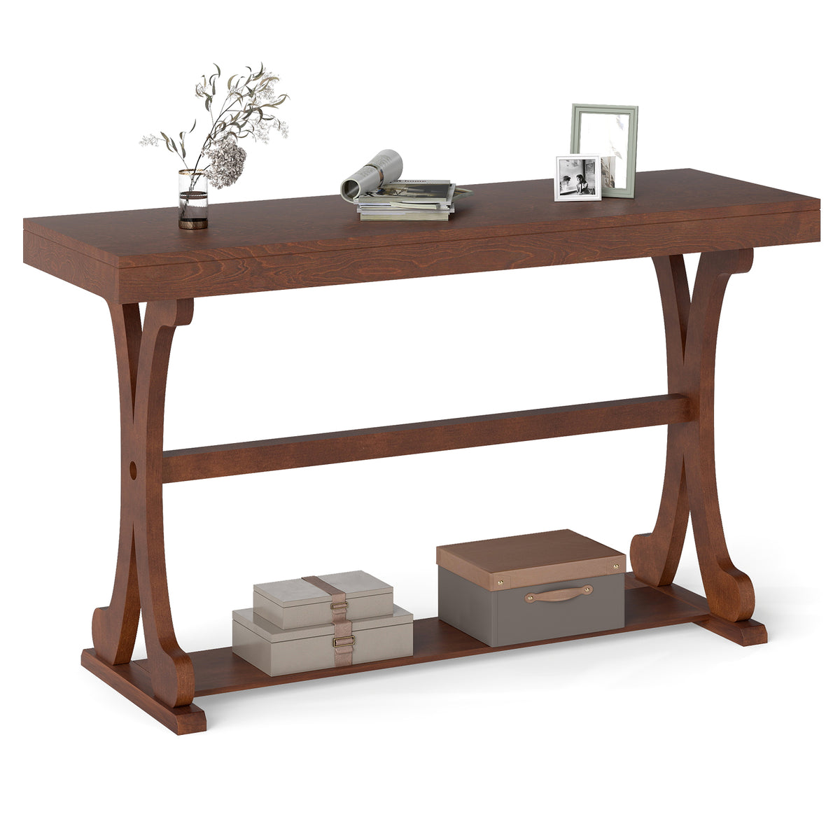 Narrow Console Table, 52 Inch, Walnut, Open Storage Shelf Console Tables Walnut at Gallery Canada