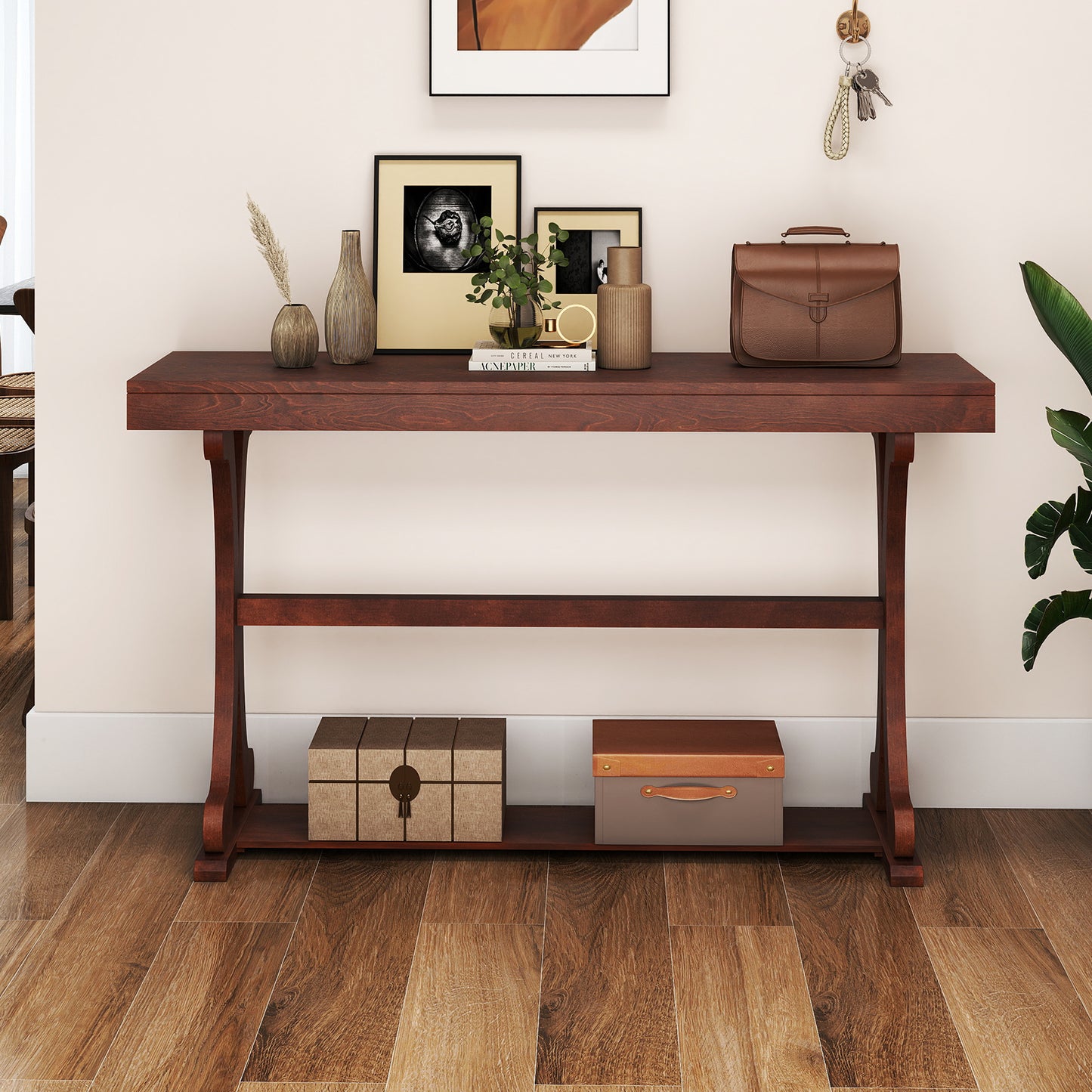 Narrow Console Table Vintage 52 Inch Long with Open Storage Shelf, Walnut Console Tables at Gallery Canada