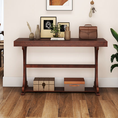 Narrow Console Table Vintage 52 Inch Long with Open Storage Shelf, Walnut Console Tables at Gallery Canada