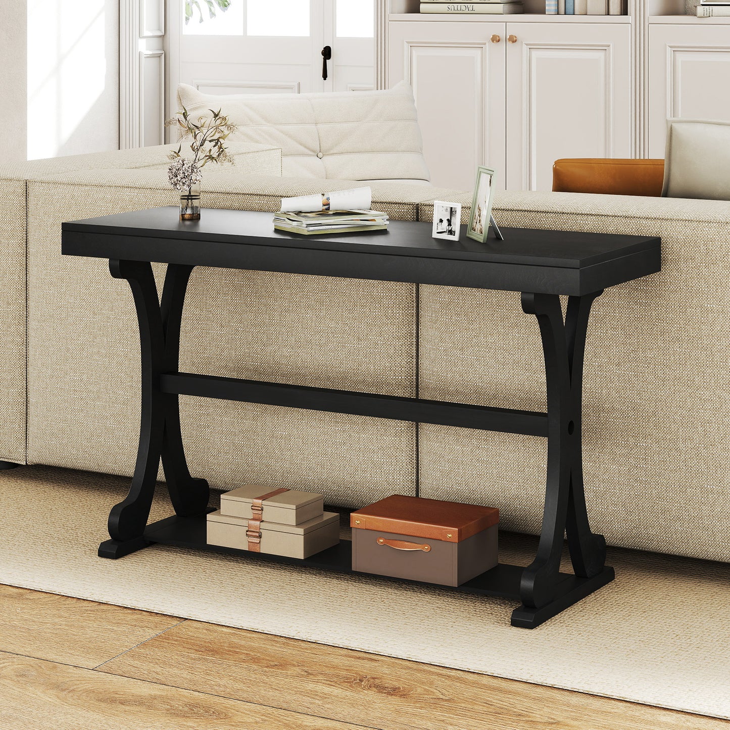 Narrow Console Table Vintage 52 Inch Long with Open Storage Shelf, Black Console Tables at Gallery Canada