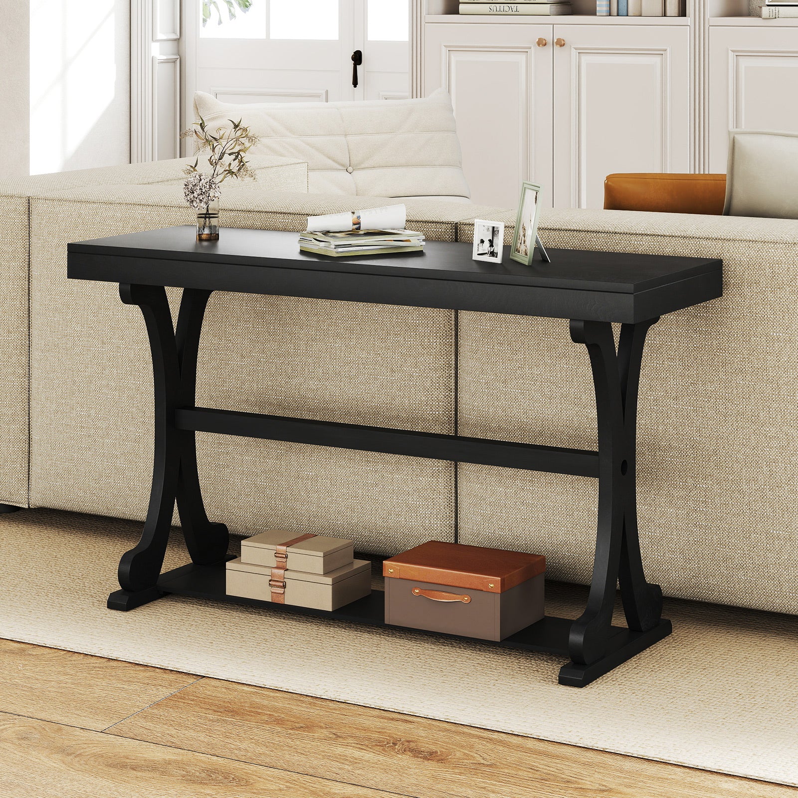 Narrow Console Table Vintage 52 Inch Long with Open Storage Shelf, Black Console Tables at Gallery Canada