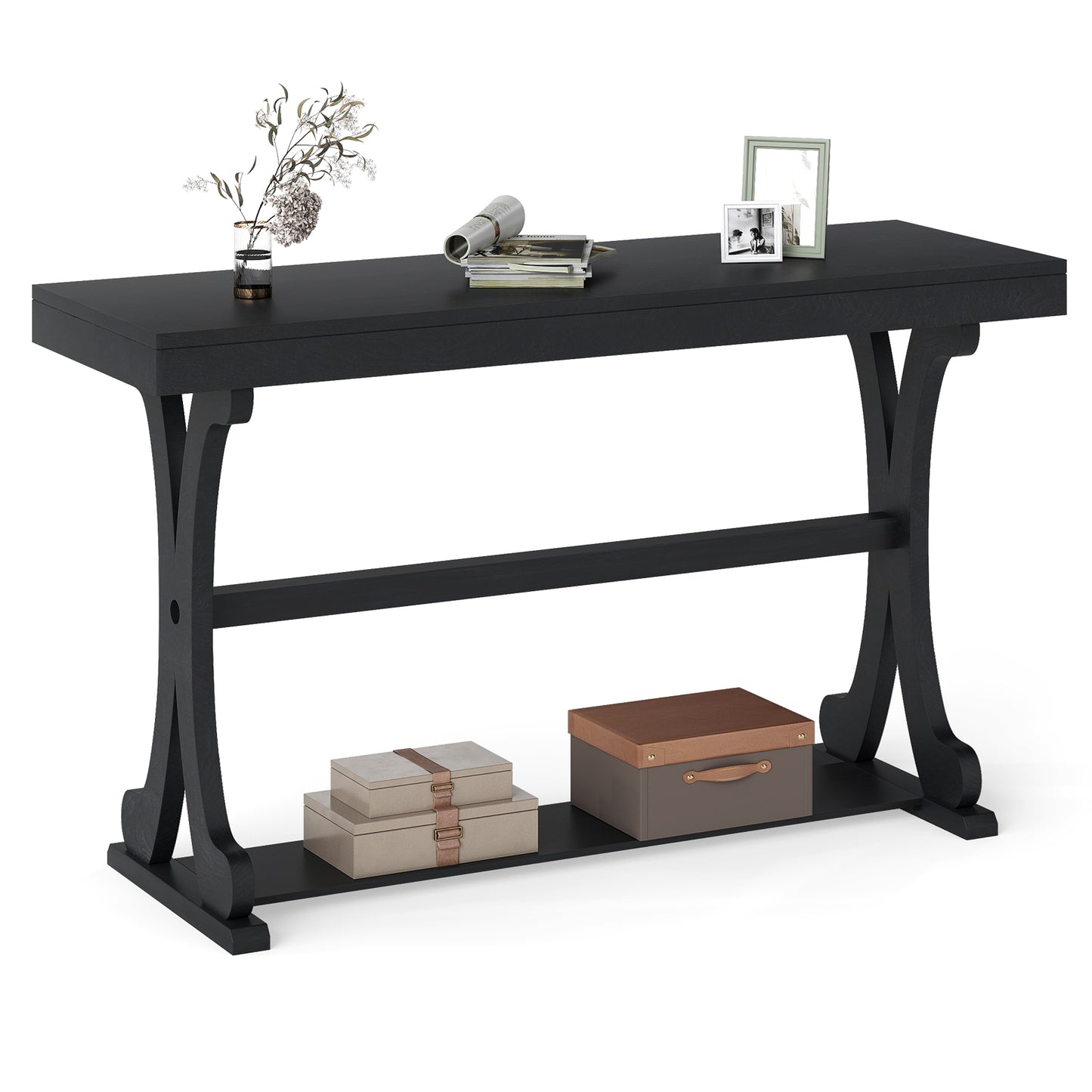 Narrow Console Table Vintage 52 Inch Long with Open Storage Shelf, Black Console Tables Black at Gallery Canada