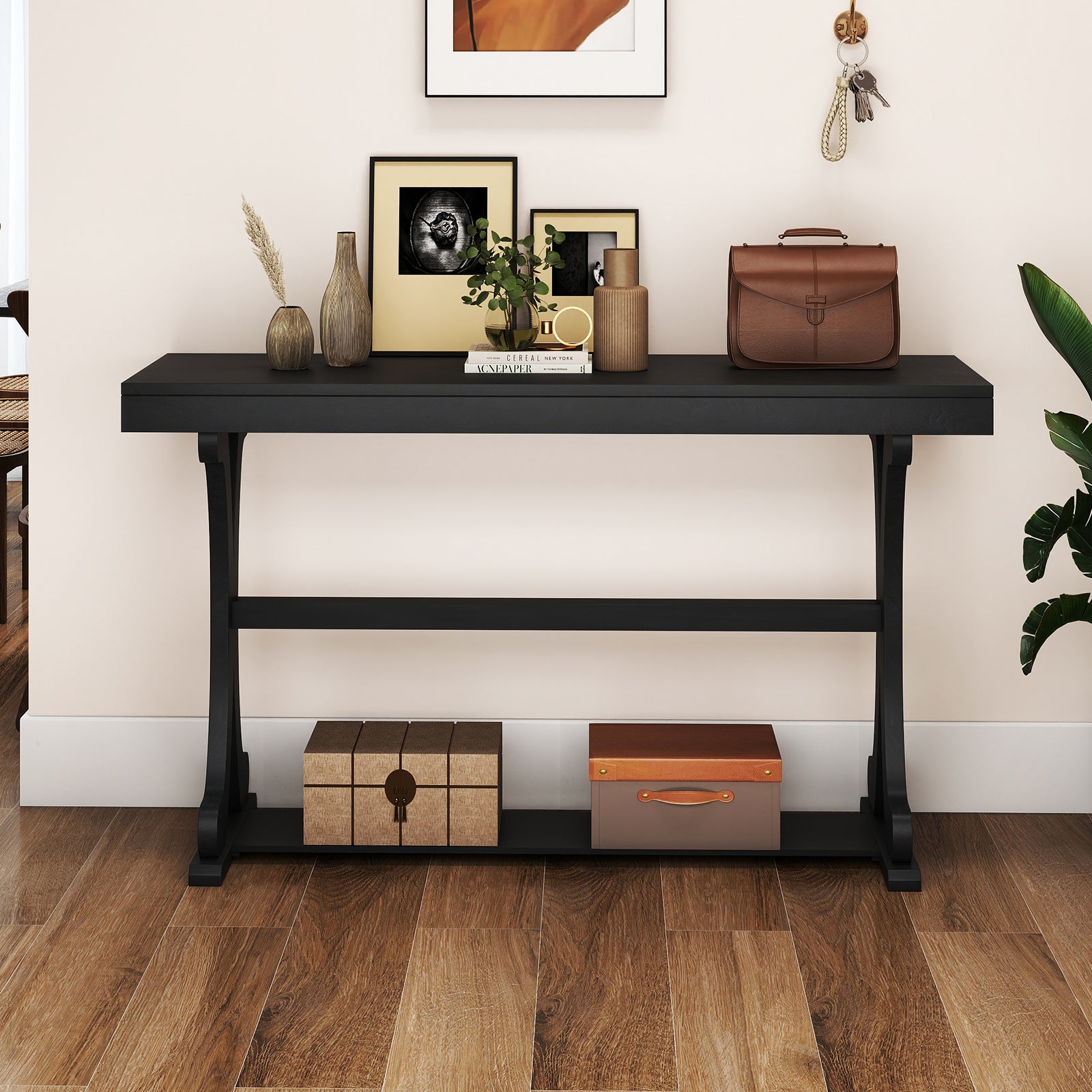 Narrow Console Table Vintage 52 Inch Long with Open Storage Shelf, Black Console Tables at Gallery Canada