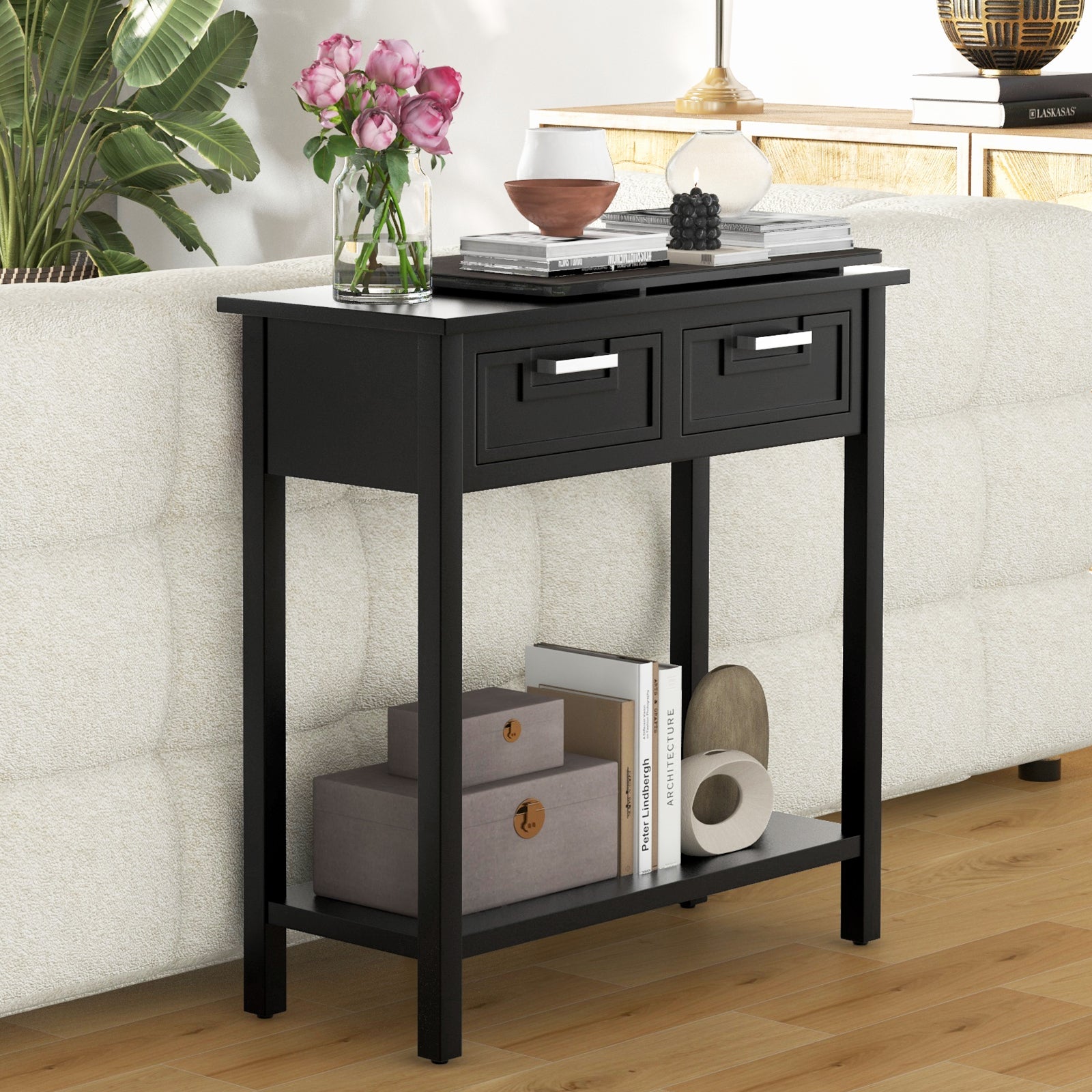 Narrow Console Table With Drawers, Open Storage Shelf, Black Console Tables at Gallery Canada