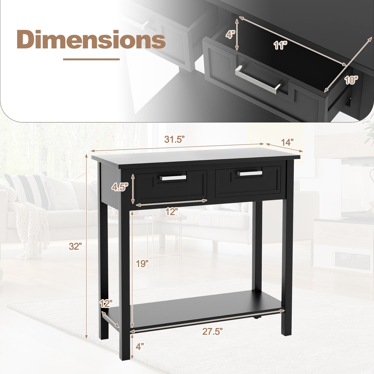 Narrow Console Table With Drawers, Open Storage Shelf, Black Console Tables at Gallery Canada
