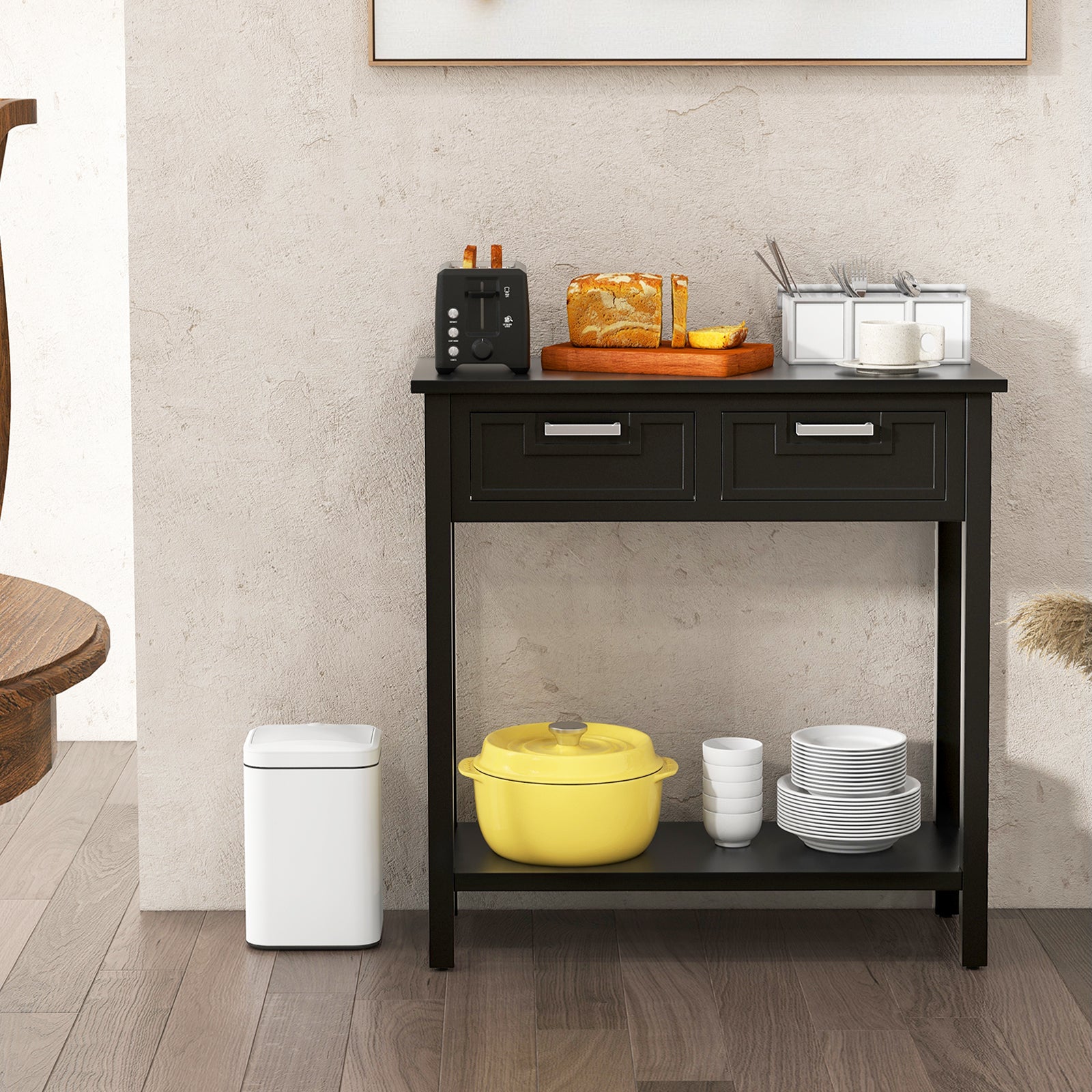Narrow Console Table With Drawers, Open Storage Shelf, Black Console Tables at Gallery Canada