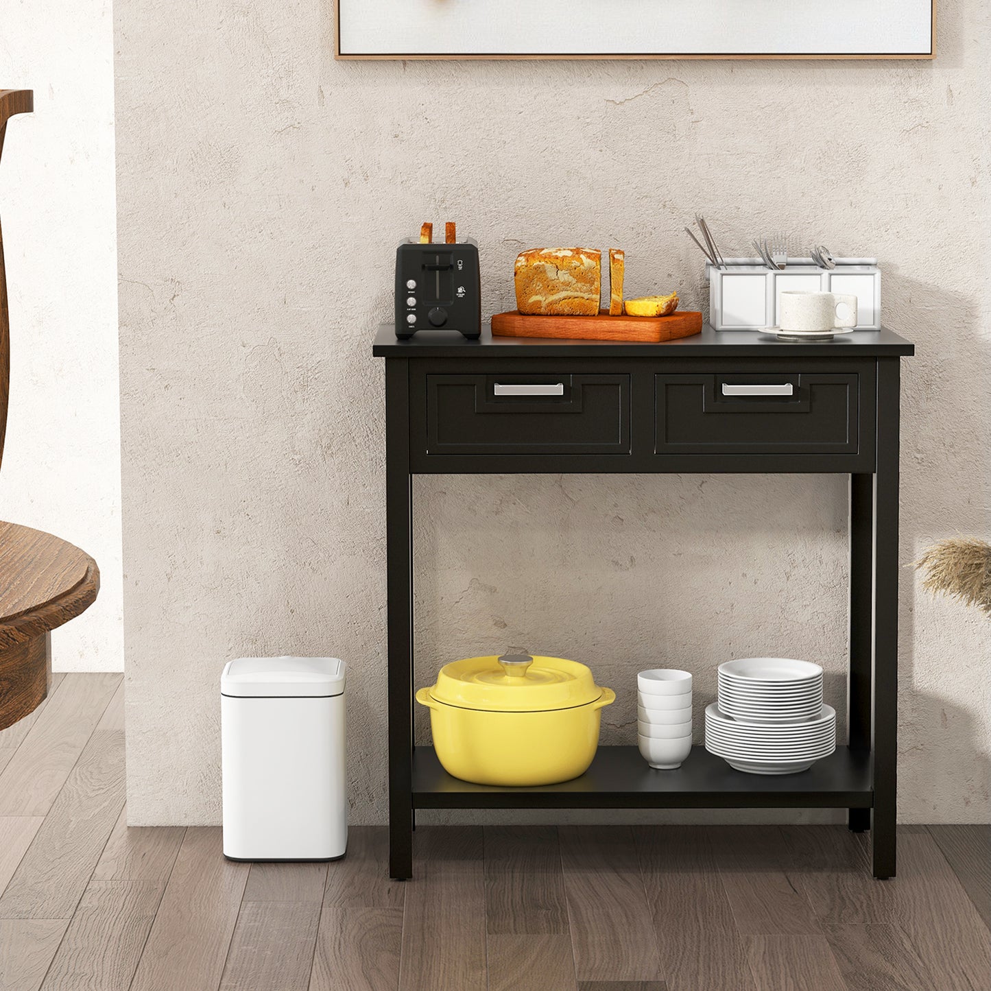 Narrow Console Table With Drawers, Open Storage Shelf, Black Console Tables at Gallery Canada