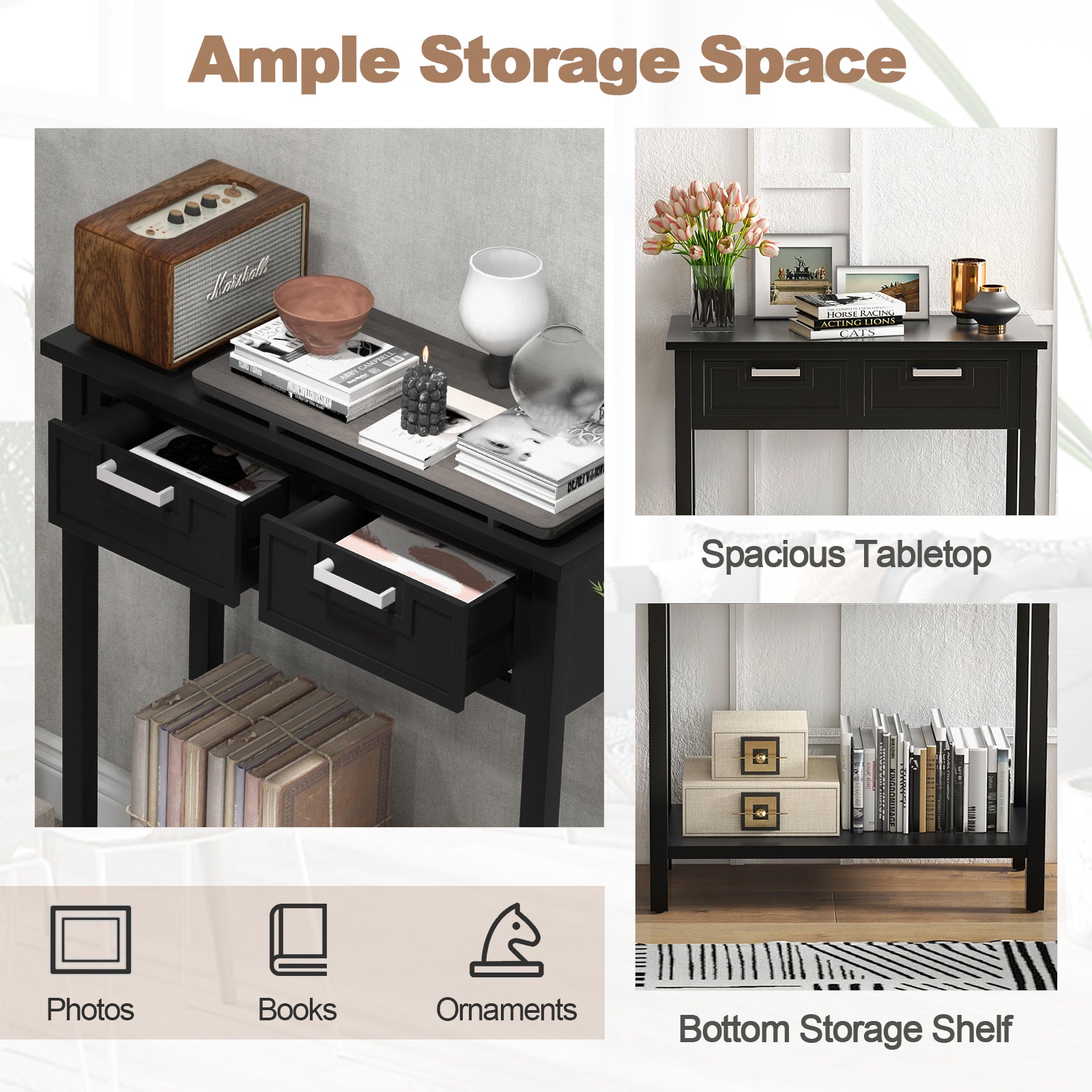 Narrow Console Table With Drawers, Open Storage Shelf, Black Console Tables at Gallery Canada