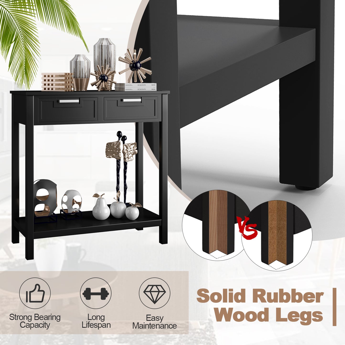 Narrow Console Table With Drawers, Open Storage Shelf, Black Console Tables at Gallery Canada