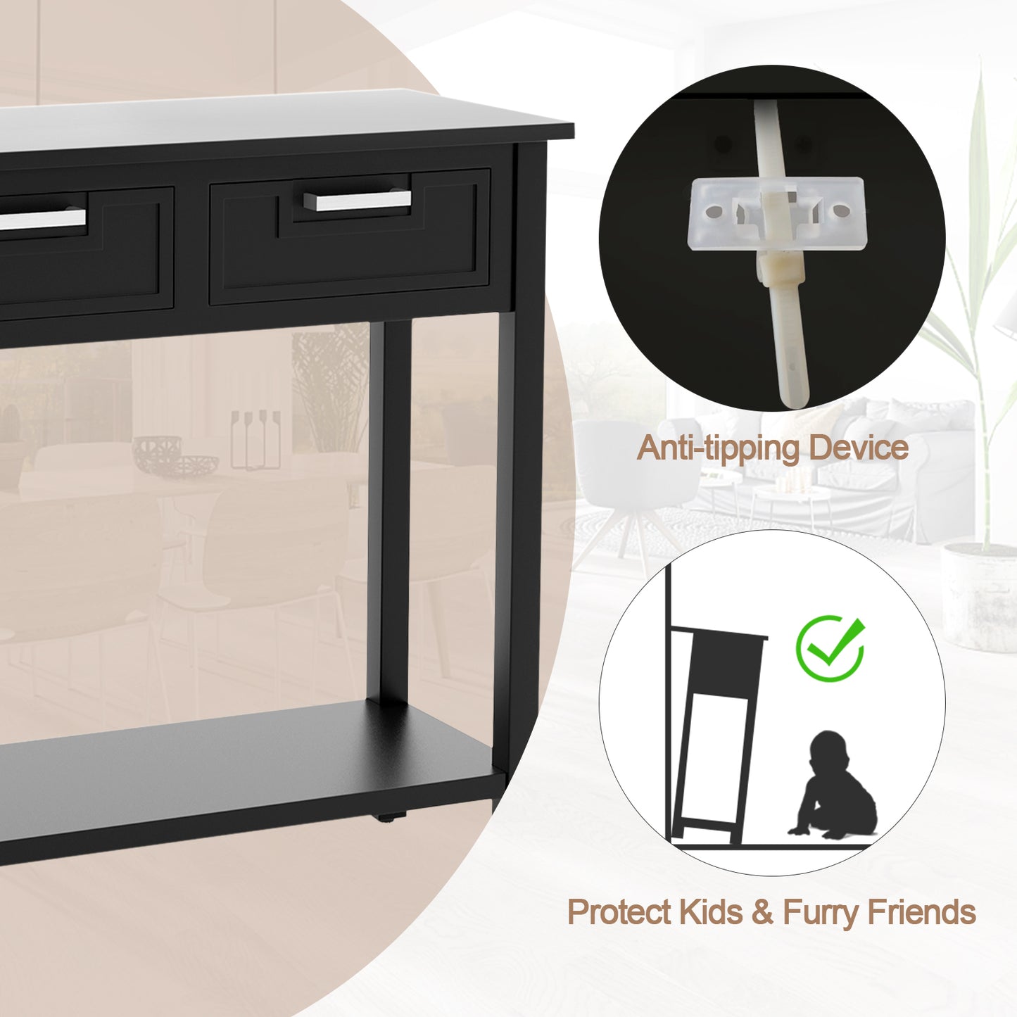 Narrow Console Table With Drawers, Open Storage Shelf, Black Console Tables at Gallery Canada