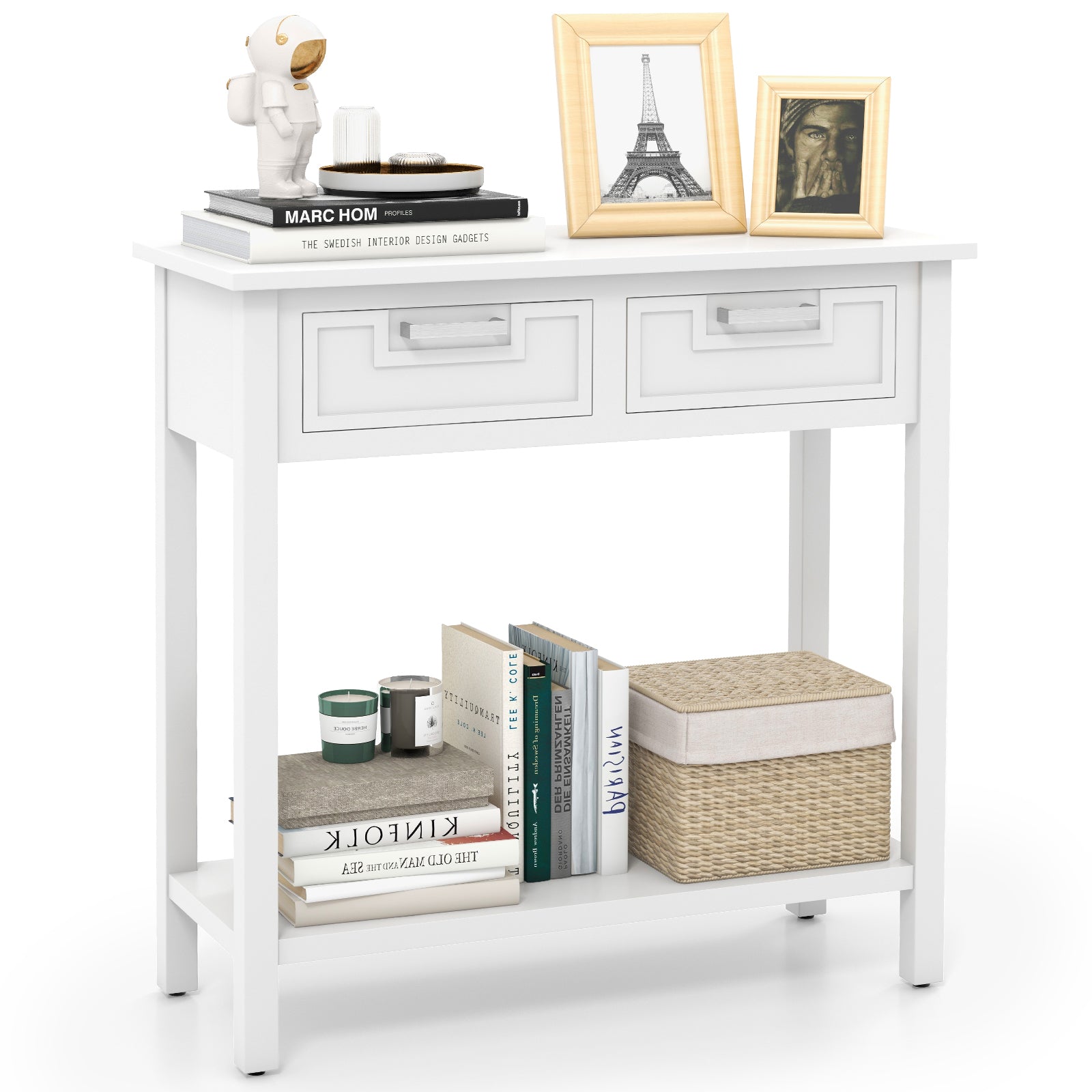 Narrow Console Table With Drawers, Open Shelf, White Console Tables White at Gallery Canada