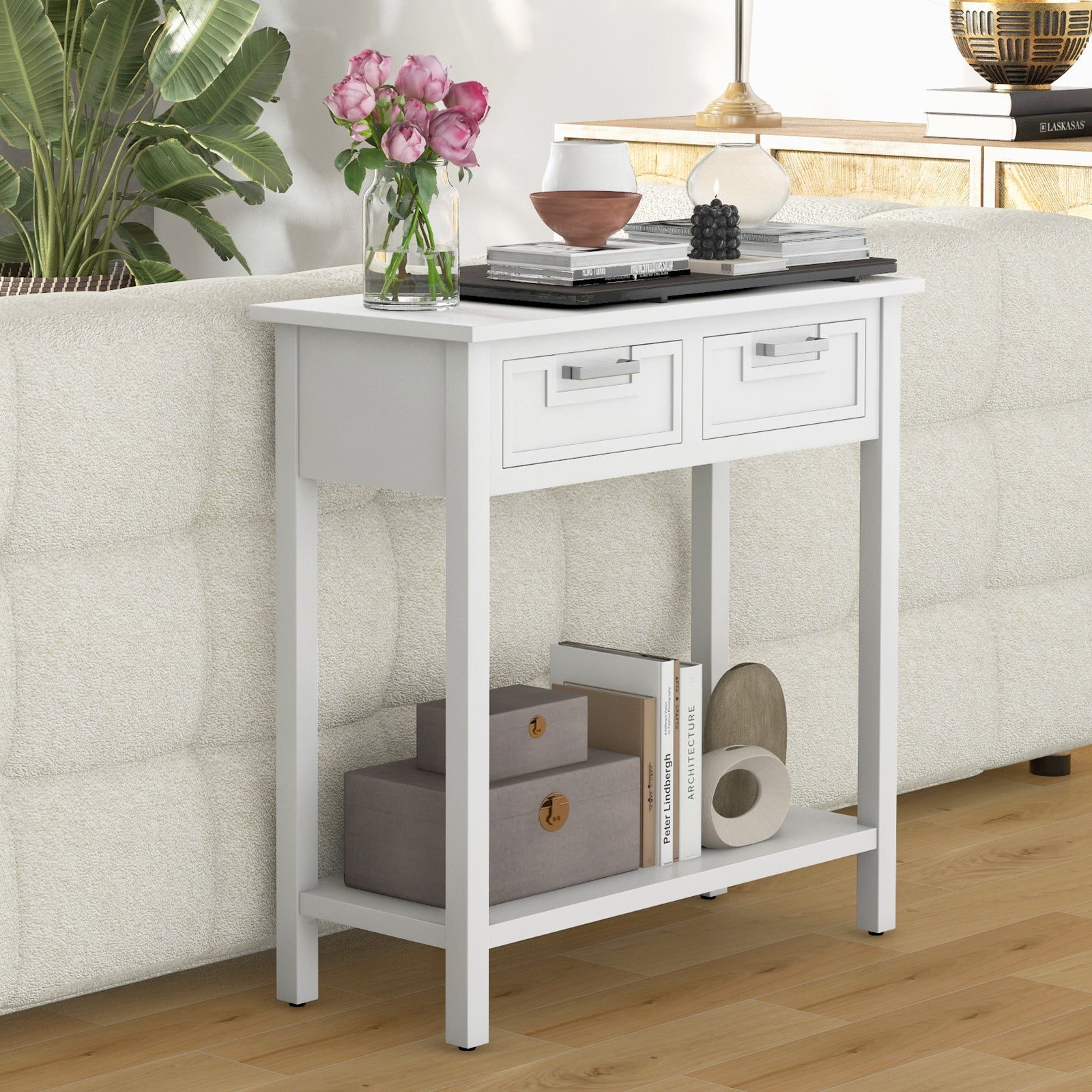 Narrow Console Table With Drawers, Open Shelf, White Console Tables at Gallery Canada