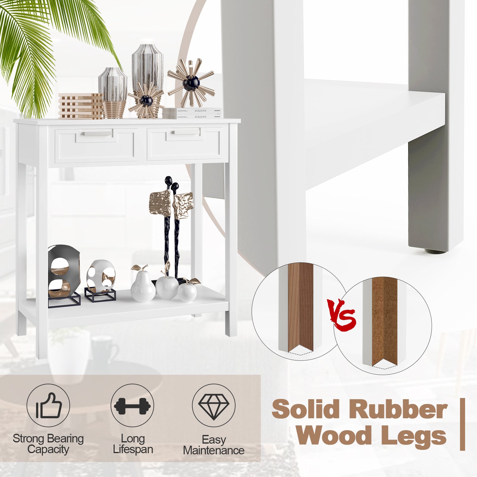 Narrow Console Table With Drawers, Open Shelf, White Console Tables at Gallery Canada