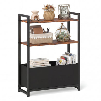 Narrow End Table, Storage Shelves, Metal Frame, Rustic Brown