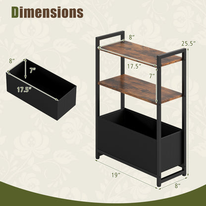 Narrow End Table, Storage Shelves, Metal Frame, Rustic Brown