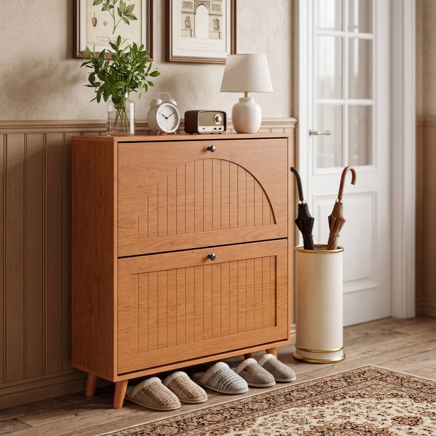 Narrow Shoe Cabinet with Adjustable Shelves, Oak Shoe Racks & Storage Benches at Gallery Canada
