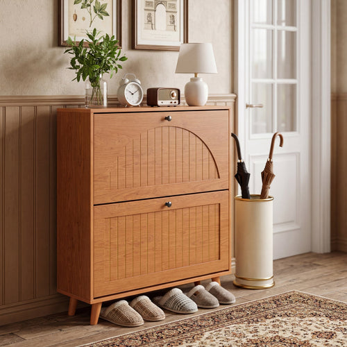 Narrow Shoe Cabinet with Adjustable Shelves, Oak