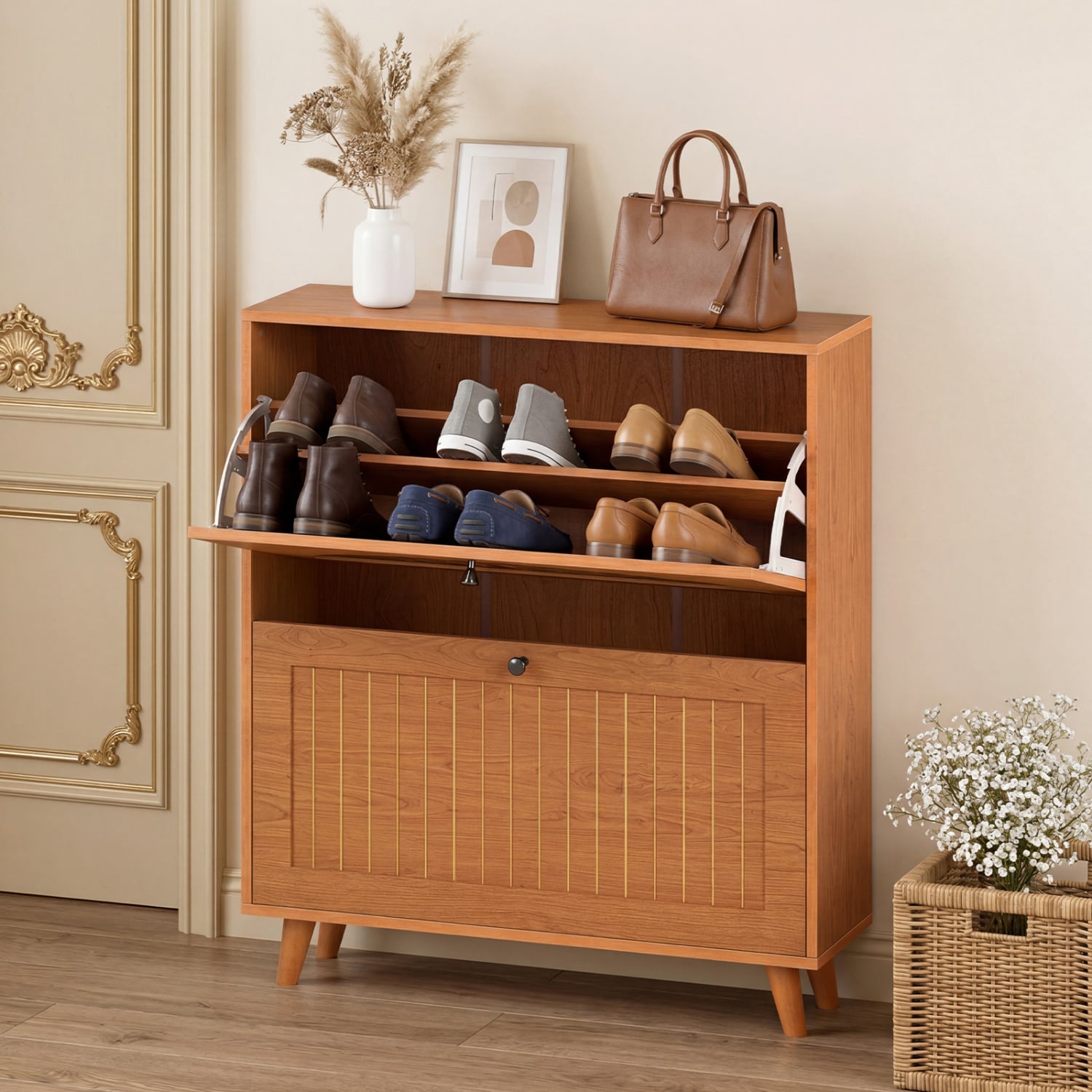 Narrow Shoe Cabinet with Adjustable Shelves, Oak Shoe Racks & Storage Benches at Gallery Canada