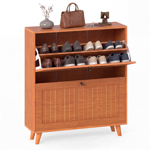 Narrow Shoe Cabinet with Adjustable Shelves, Oak