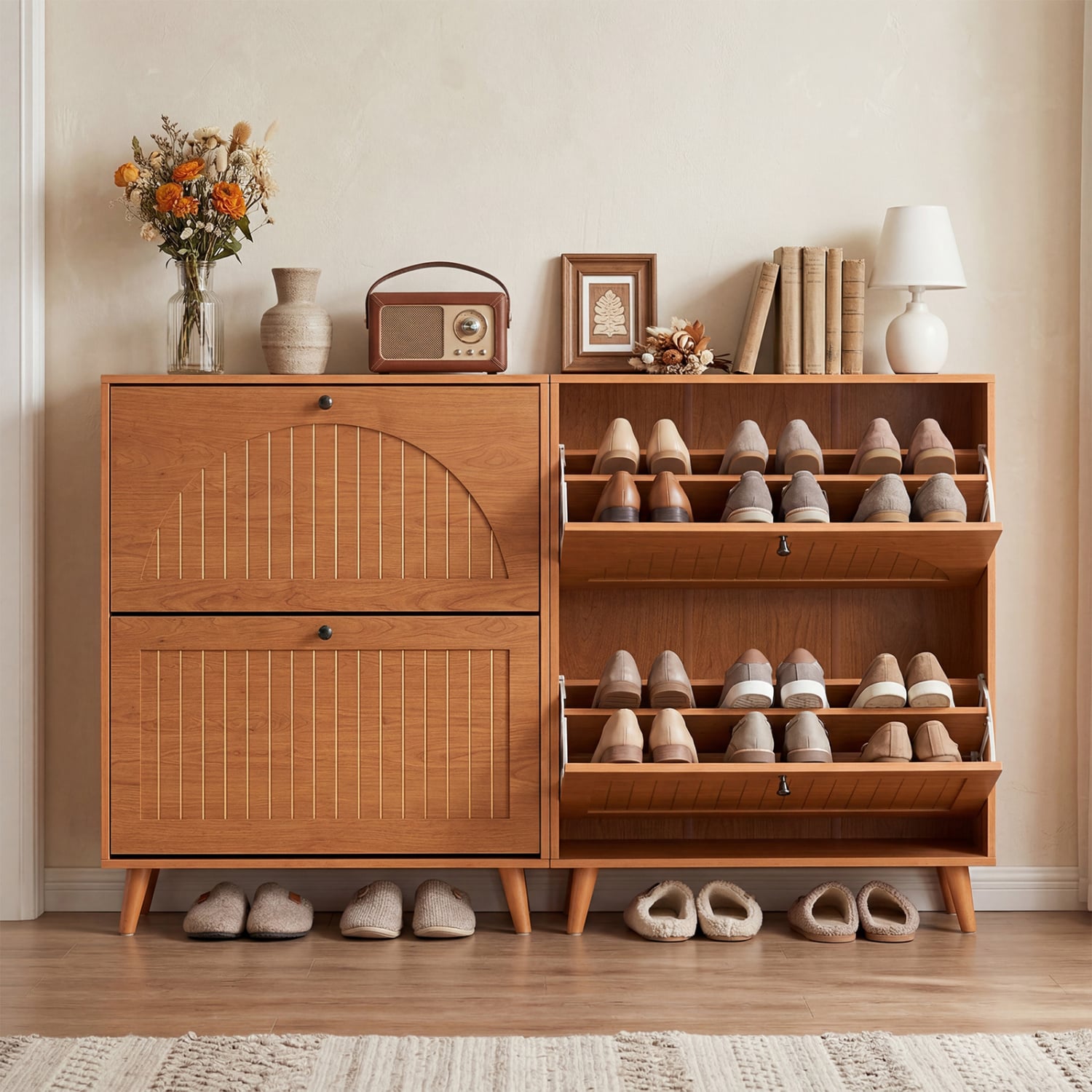 Narrow Shoe Cabinet with Adjustable Shelves, Oak Shoe Racks & Storage Benches at Gallery Canada
