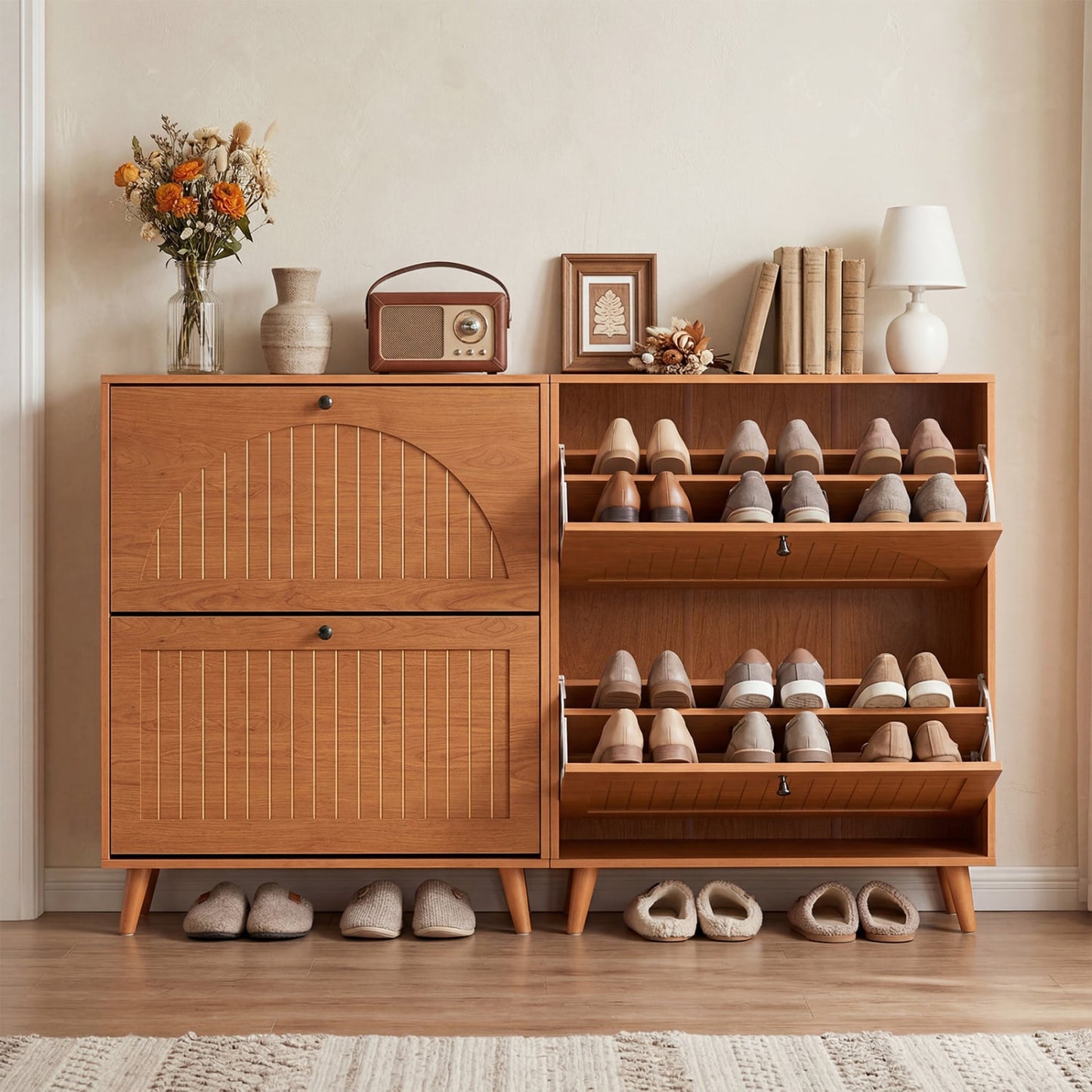 Narrow Shoe Cabinet with Adjustable Shelves, Oak Shoe Racks & Storage Benches at Gallery Canada