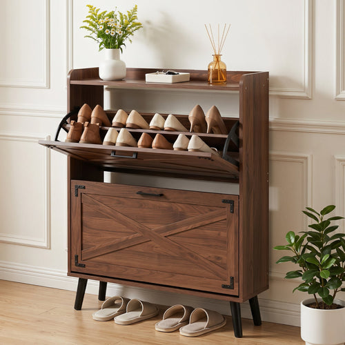 Narrow Shoe Cabinet, Adjustable Shelves, Brown