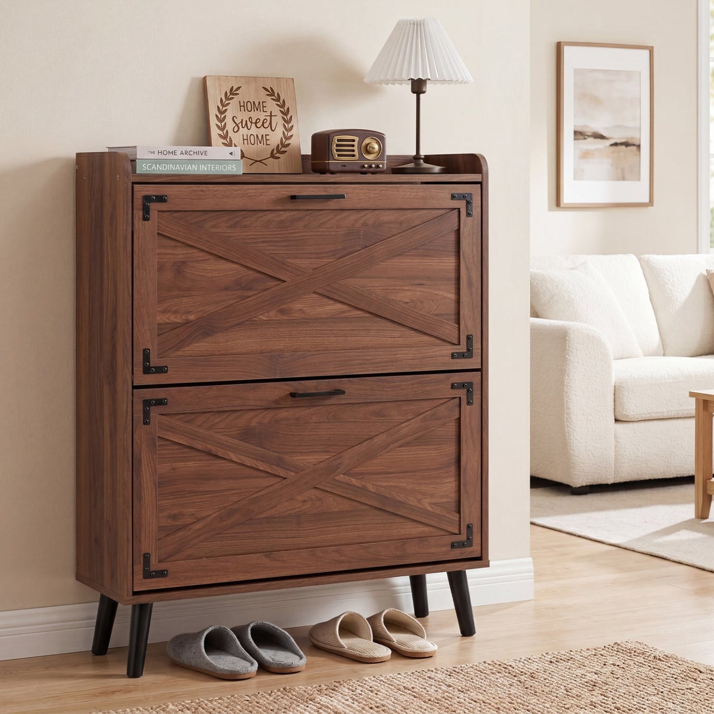 Narrow Shoe Cabinet, Adjustable Shelves, Brown