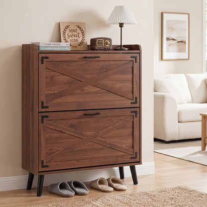 Narrow Shoe Cabinet, Adjustable Shelves, Brown