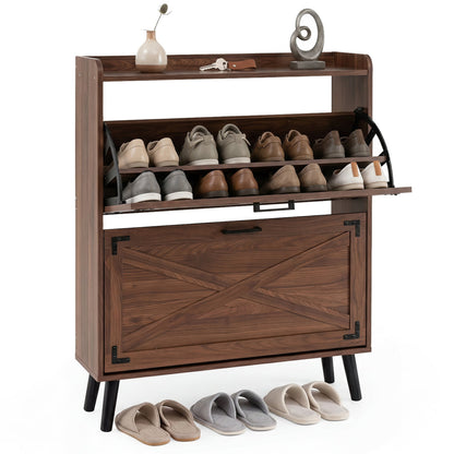 Narrow Shoe Cabinet, Adjustable Shelves, Brown