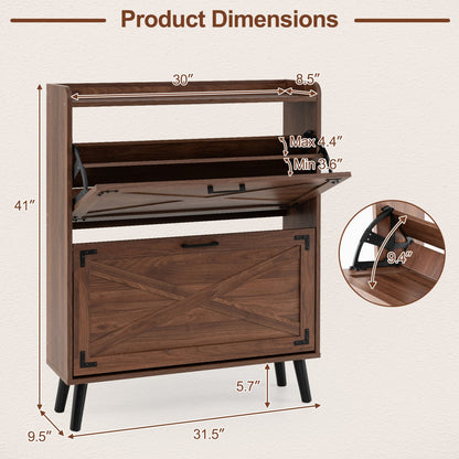 Narrow Shoe Cabinet, Adjustable Shelves, Brown