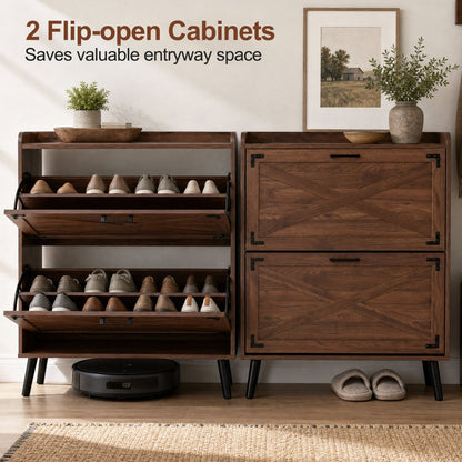 Narrow Shoe Cabinet, Adjustable Shelves, Brown