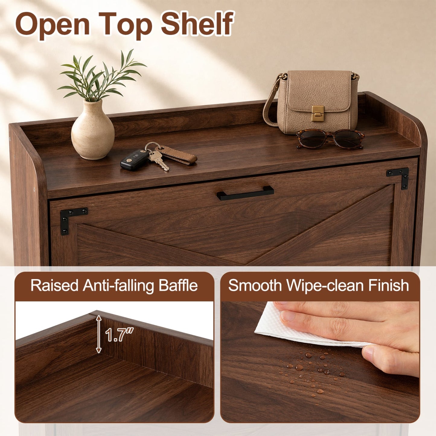 Narrow Shoe Cabinet, Adjustable Shelves, Brown