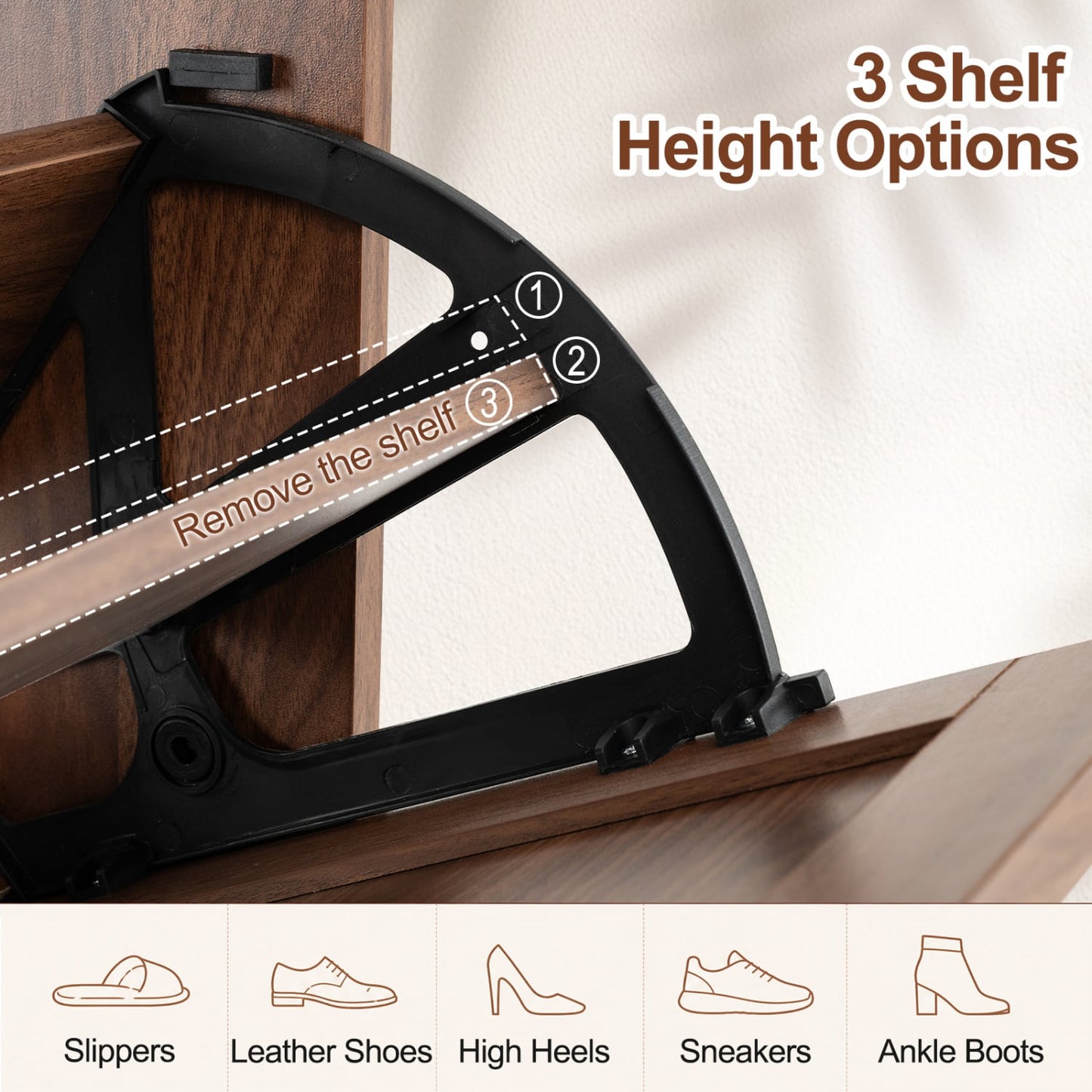 Narrow Shoe Cabinet, Adjustable Shelves, Brown