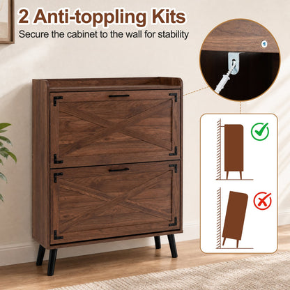 Narrow Shoe Cabinet, Adjustable Shelves, Brown