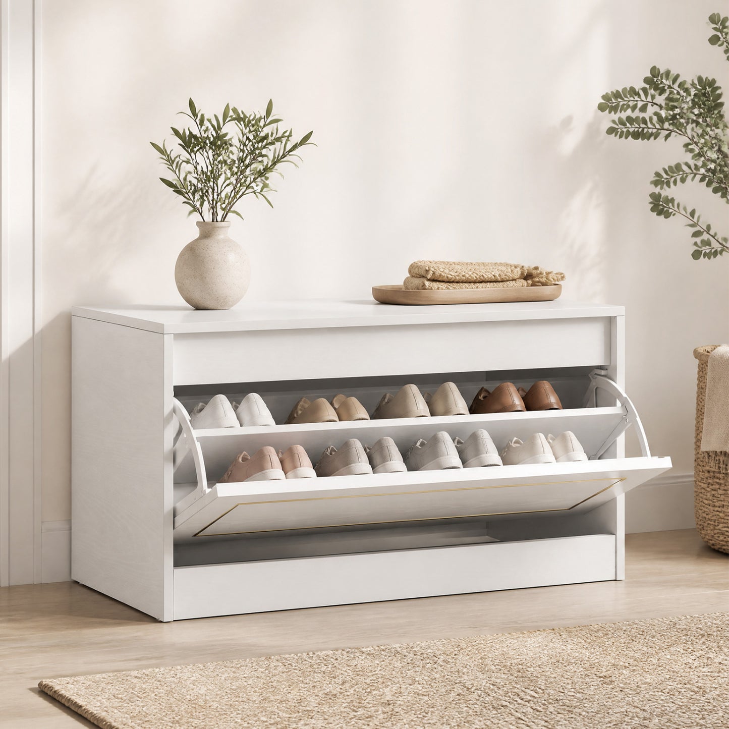 Narrow Shoe Cabinet, 1 Flip Drawer, Adjustable Shelf, White