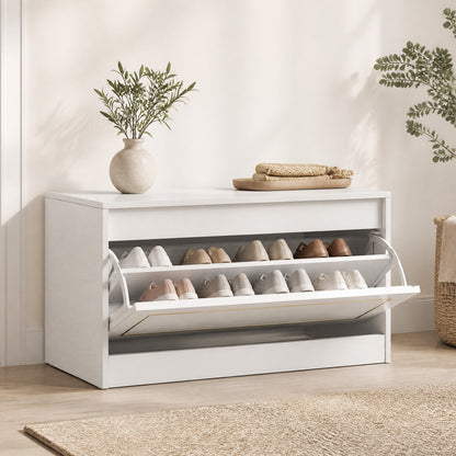 Narrow Shoe Cabinet, 1 Flip Drawer, Adjustable Shelf, White