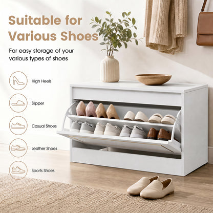 Narrow Shoe Cabinet, 1 Flip Drawer, Adjustable Shelf, White