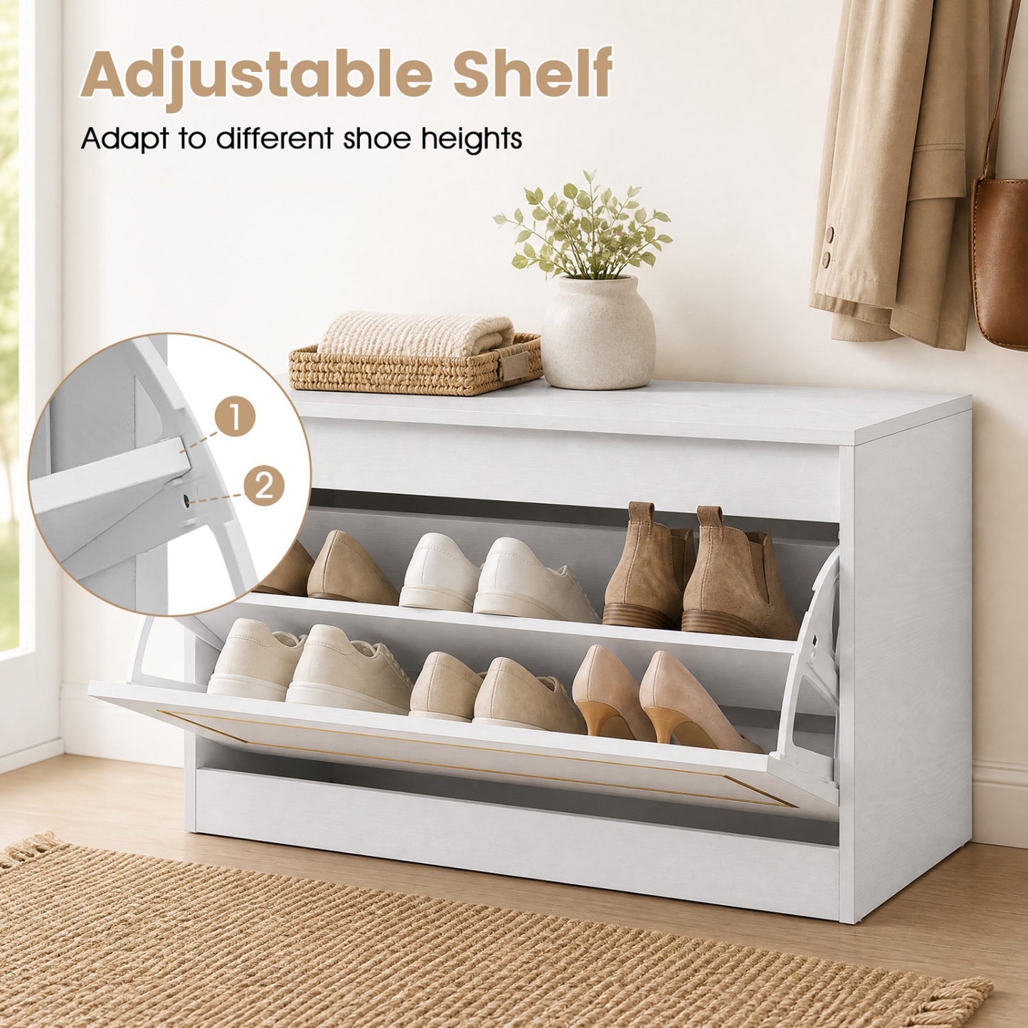 Narrow Shoe Cabinet, 1 Flip Drawer, Adjustable Shelf, White