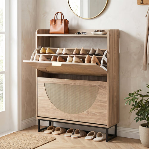 Narrow Shoe Storage Cabinet, 2 Flip Drawers, Adjustable Shelves, Natural