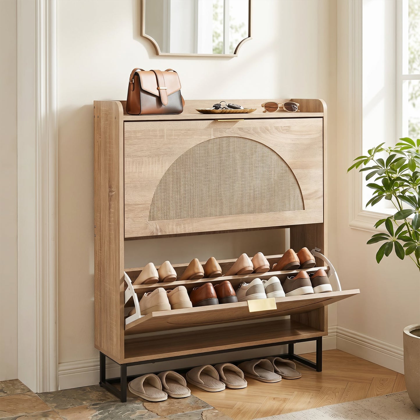 Narrow Shoe Storage Cabinet, 2 Flip Drawers, Adjustable Shelves, Natural