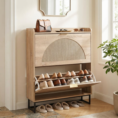 Narrow Shoe Storage Cabinet, 2 Flip Drawers, Adjustable Shelves, Natural