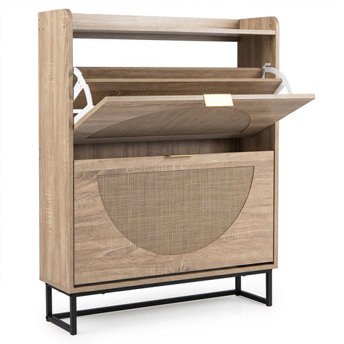 Narrow Shoe Storage Cabinet, 2 Flip Drawers, Adjustable Shelves, Natural