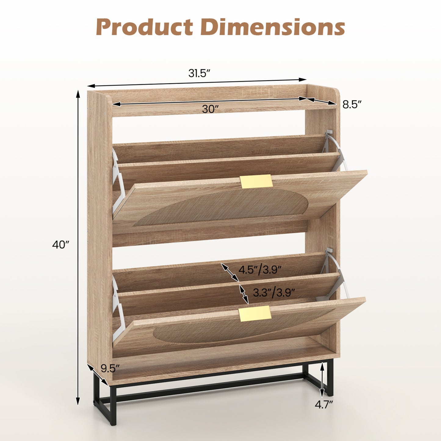 Narrow Shoe Storage Cabinet, 2 Flip Drawers, Adjustable Shelves, Natural