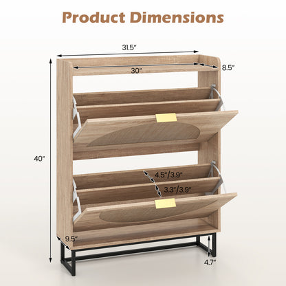 Narrow Shoe Storage Cabinet, 2 Flip Drawers, Adjustable Shelves, Natural