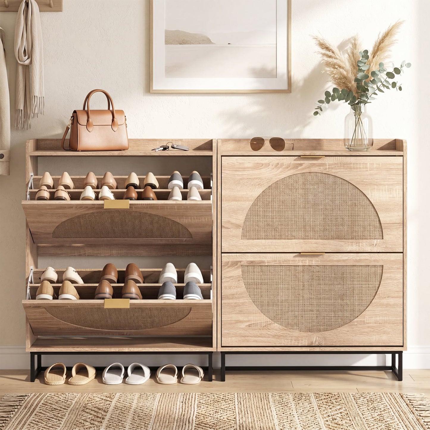 Narrow Shoe Storage Cabinet, 2 Flip Drawers, Adjustable Shelves, Natural