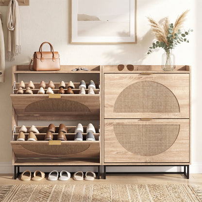 Narrow Shoe Storage Cabinet, 2 Flip Drawers, Adjustable Shelves, Natural