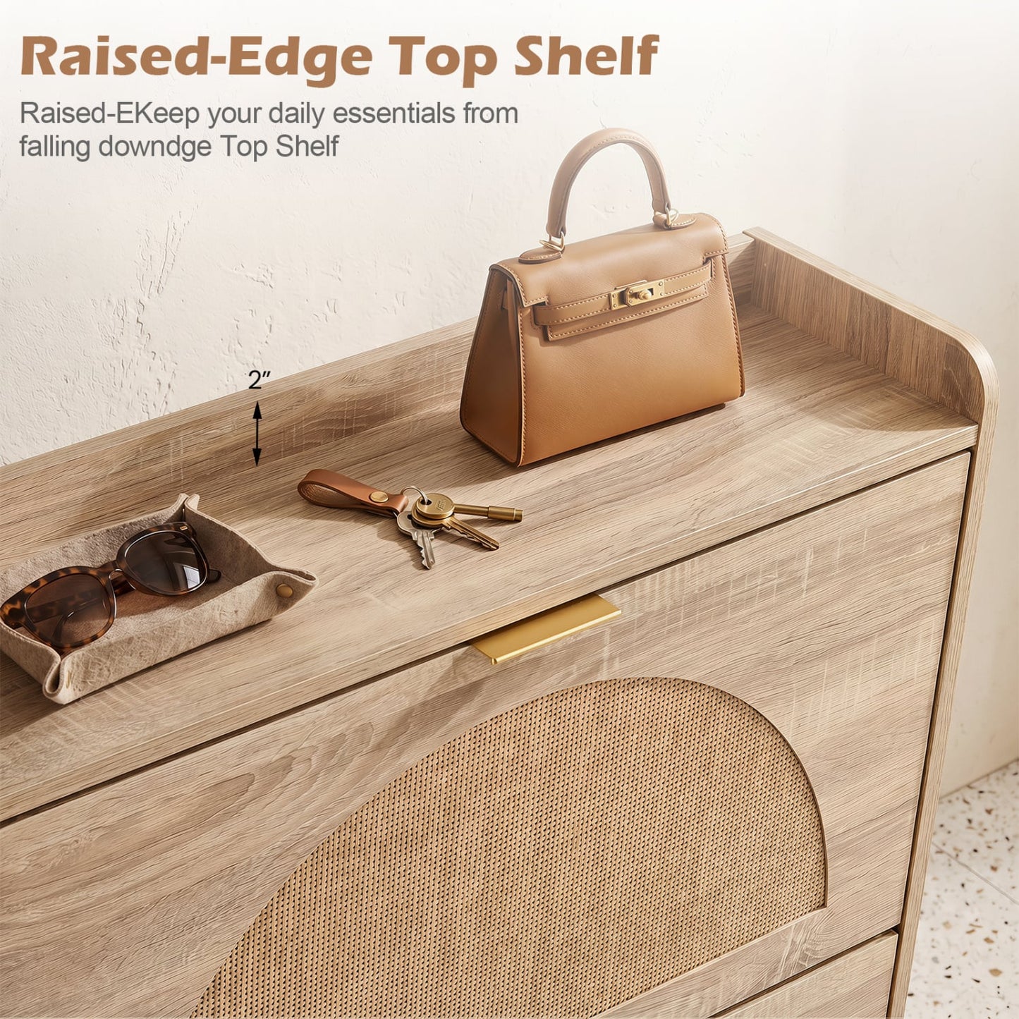Narrow Shoe Storage Cabinet, 2 Flip Drawers, Adjustable Shelves, Natural