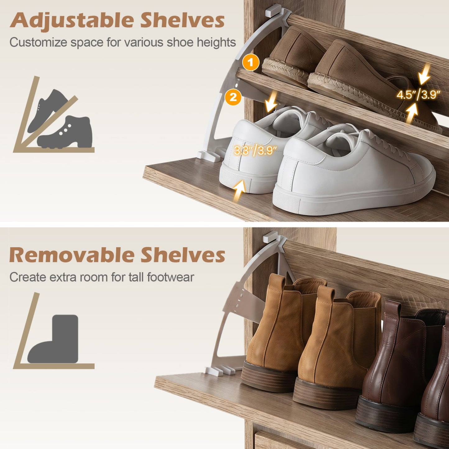 Narrow Shoe Storage Cabinet, 2 Flip Drawers, Adjustable Shelves, Natural