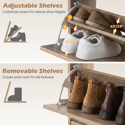 Narrow Shoe Storage Cabinet, 2 Flip Drawers, Adjustable Shelves, Natural