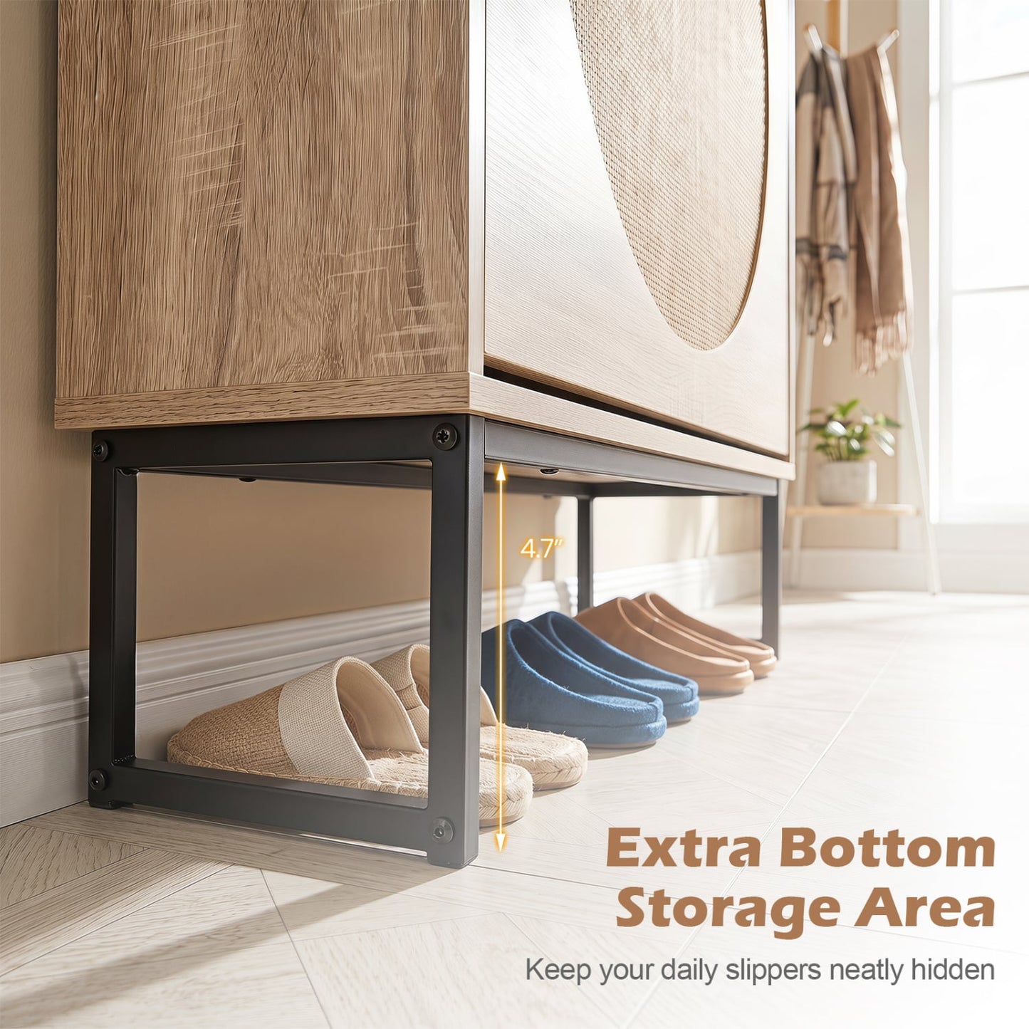 Narrow Shoe Storage Cabinet, 2 Flip Drawers, Adjustable Shelves, Natural